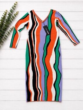 Fashion Nova Multicolor Wave-Stripe V‑Neck Long Sleeve Midi Dress